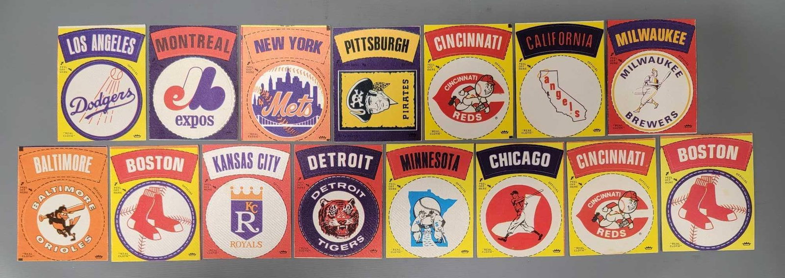Fifteen 1969-70 Fleer baseball cloth patch stickers: Fifteen 1969-70 Fleer baseball cloth patch team stickers in excellent to near mint condition as seen in the photos.