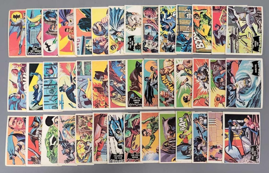 Group of 43 Topps Batman black bat cards: Group of 43 Topps Batman black bat cards, all in poor to good condition as seen in the photos.