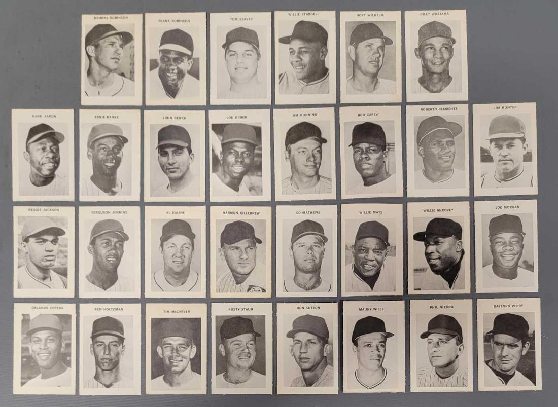 Group of thirty 1969 Milton Bradley baseball star player cards: Group of thirty 1969 Milton Bradley baseball star player cards to include Aaron, Banks, Bench, Brock, Bunning, Carew, Cepeda, Clemente, Holtzman, Hunter, Jackson, Jenkins, Kaline, Killebrew, Mathews, 