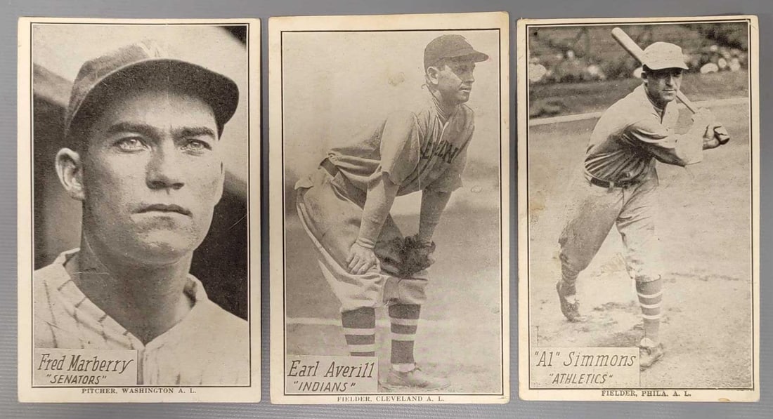 Three 1928 R315 Kashin Publications cards: Three 1928 R315 Kashin cards to include Fred Marberry, Earl Averill and Al Simmons, all in fair to good condition as these were glued into a book at some point so they have areas on the back that have