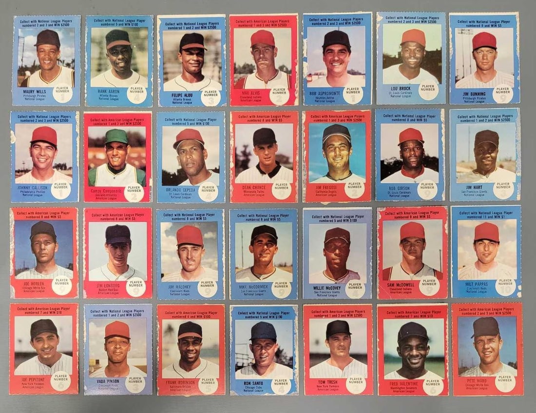 Group of 28 Atlantic Oil Play Ball baseball cards: Group of 28 Atlantic Oil Play Ball baseball cards, all have edge wear and includes stars such as Brock, Aaron, Cepeda, McCovey, Santo, Gibson and Robinson, all in poor to very good condition as seen i