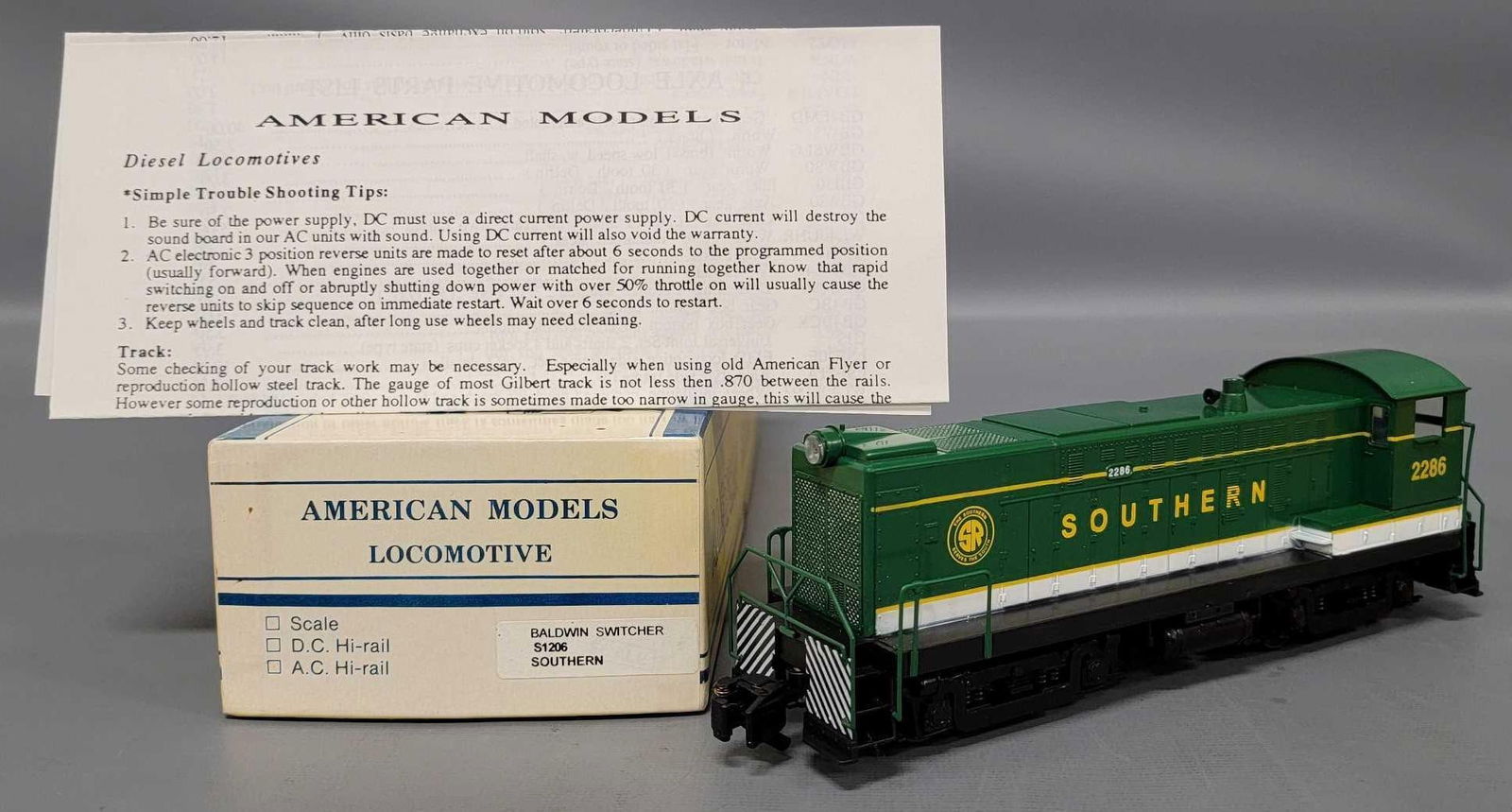 American Models S gauge Southern AC Hi-rail Baldwin diesel switcher in original box (1 of 10)