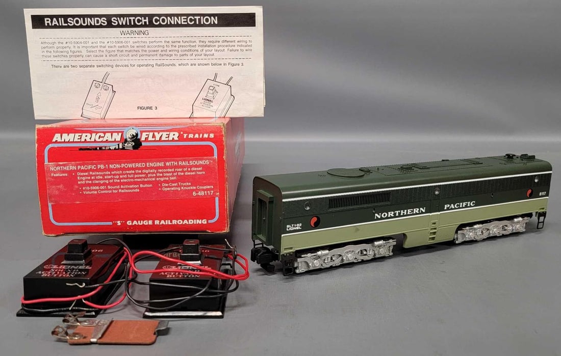 American Flyer LTI S gauge 48117 Northern Pacific non-powered PB-1 in original box: American Flyer LTI S gauge 48117 Northern Pacific PB-1, non-powered unit with railsounds in original box. Unit is unrun and C9-10 in a very good original box as seen in the photos.