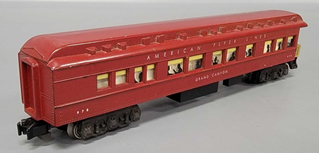 Tough American Flyer S gauge 978 Grand Canyon action observation car: Tough American Flyer S gauge 978 Grand Canyon action observation car, shows light run time and is C6 plus due to some small scratches on the roof but the sides are extremely nice and clean as seen in 