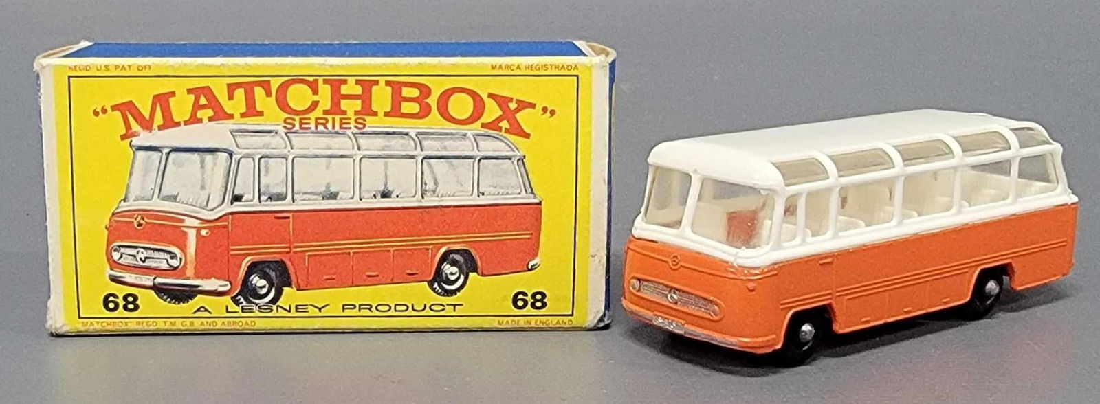 Matchbox 68 Mercedes Coach in original box: Matchbox 68 Mercedes Coach with Orange body, in near mint condition in a very good E4 original box as seen in the photos.