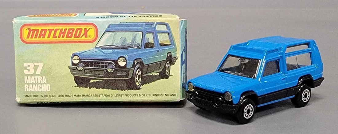 Matchbox 37 Matra Rancho in original box: Matchbox 37 Blue Matra Rancho with five arch wheels in near mint condition in a good K original box as seen in the photos.