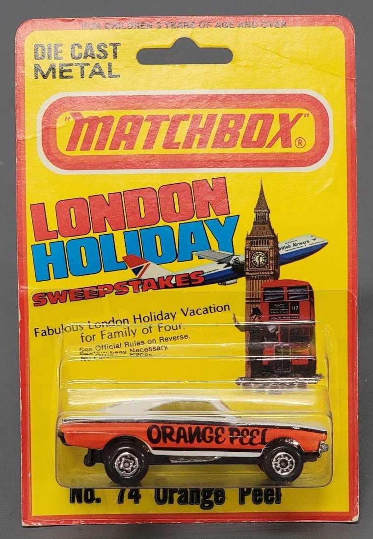 Matchbox Superfast 74 Orange Peel London Holiday in blister pack: Matchbox Superfast No 74 London Holiday Orange Peel in a very good blister pack as seen in the photos.