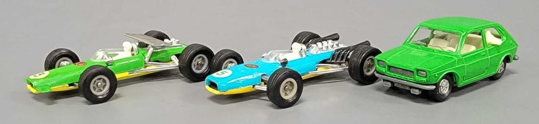 Three very nice vintage Majorette die cast toys: Three very nice vintage Majorette die cast toys to include a green 127 Fiat in 1/55 scale with a dog sticking its head out of the back window, a 226 Repco and 227 Lotus, both in 1/55 scale, all in exc