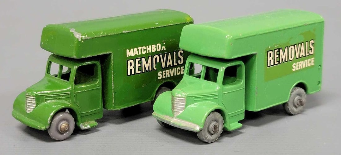 Two Matchbox 17 Removals Trucks: Two Matchbox 17 Removals Trucks with black outlined letters, one is light green with steel wheels, with Removals Service on the side, in excellent condition, one is a darker green with gray plastic wh