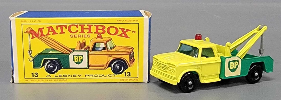 Matchbox 13 Dodge Wreck Truck in original box: Matchbox 13 Dodge Wreck Truck with black plastic wheels and gray hook, in near mint condition in a very good E3 original box as seen in the photos.