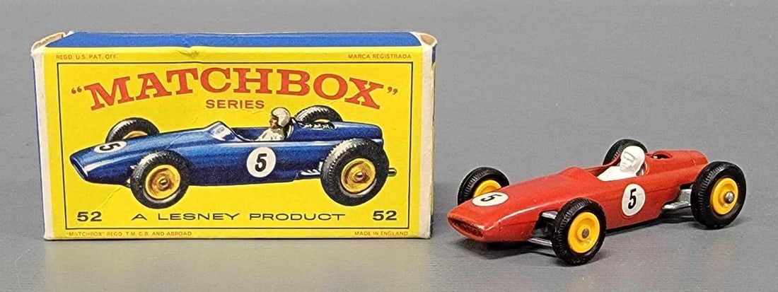 Matchbox 52 BRM Racing Car in original box: Matchbox 52 BRM Racing Car with yellow hubs, in near mint condition in a very good E4 original box as seen in the photos.