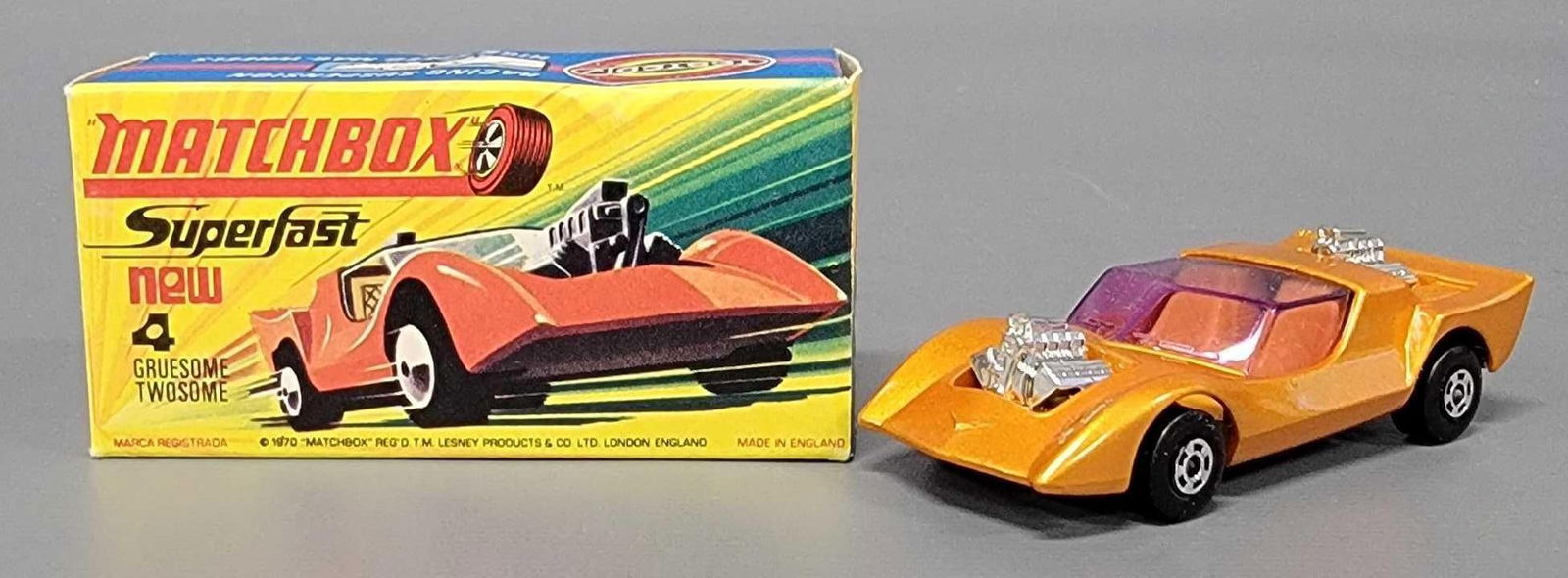 Matchbox Superfast 4 Gruesome Twosome in original box: Matchbox Superfast 4 Gruesome Twosome with copper body, in near mint to mint condition in an excellent H original box as seen in the photos.