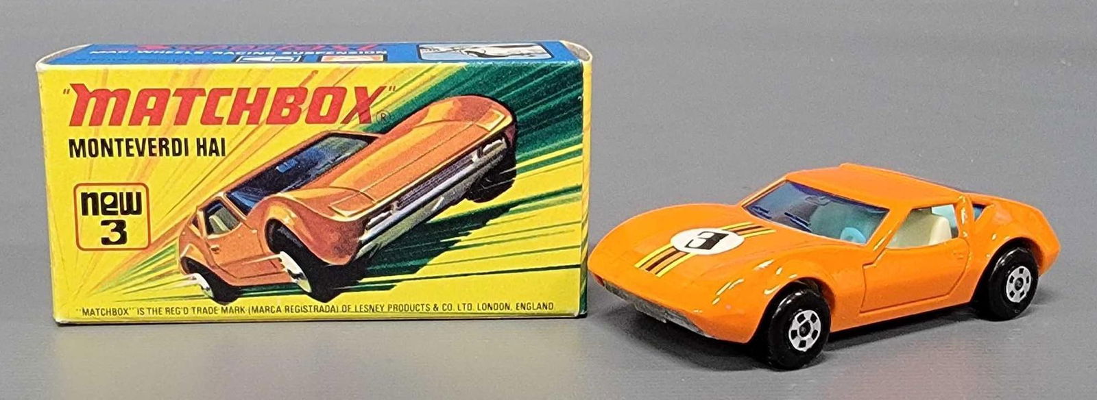 Matchbox Superfast 3 Monteverdi Hai in original box: Matchbox Superfast 3 Monteverdi Hai with mag wheels, racing suspension, in near mint condition in an excellent I original box as seen in the photos.