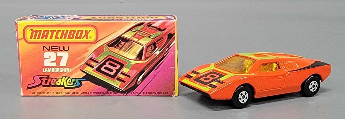 Excellent Matchbox Streakers 27 Lamborghini in original box: Excellent Matchbox Streakers 27 Lamborghini with orange and green accents, orange windows I near mint condition in an excellent J original box as seen in the photos.