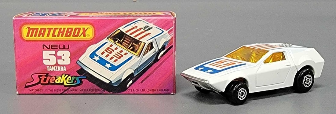Amazing Matchbox Streakers 53 Tanzara in original box: Amazing Matchbox Streakers 53 Tanzara with orange tampo and orange windows, silver Maltese cross wheels, in near mint condition in an excellent J original box as seen in the photos.