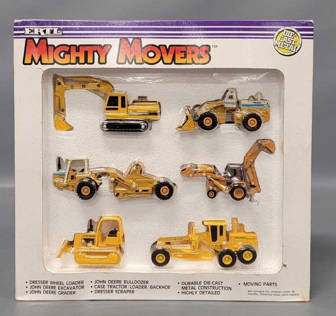 ERTL Die Cast Might Movers Construction equipment: ERTL Die Cast Might Movers John Deere, Case and Dresser Construction equipment. Consists of Excavator, Front Loader, Backhoe, Scraper, Bulldozer, and Grader in a good to very good original box as seen