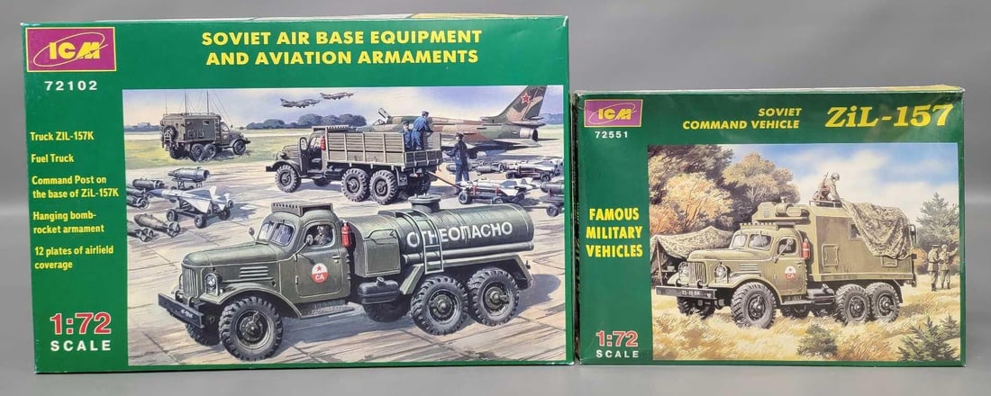 Group of ICM 1/72 Soviet Military Vehicles in original boxes: Group of two ICM 1/72 scale Soviet Military Vehicles. Cpnsists of factory sealed ZiL-157 Soviet Command Vehicle stock number 72551 and Soviet Air Base Equipment and Aviation Armaments stock number 721
