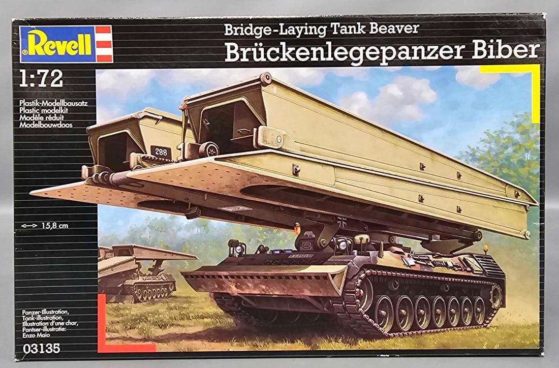 Factory sealed Revell 1/72 Bridge-Laying Tank Beaver Bruckenlegepanzer Biber in OB: Factory sealed Revell 1/72 scale Bridge-Laying Tank Beaver Bruckenlegepanzer Biber stock number 03135 in a very good factory sealed original box as seen in the photos.