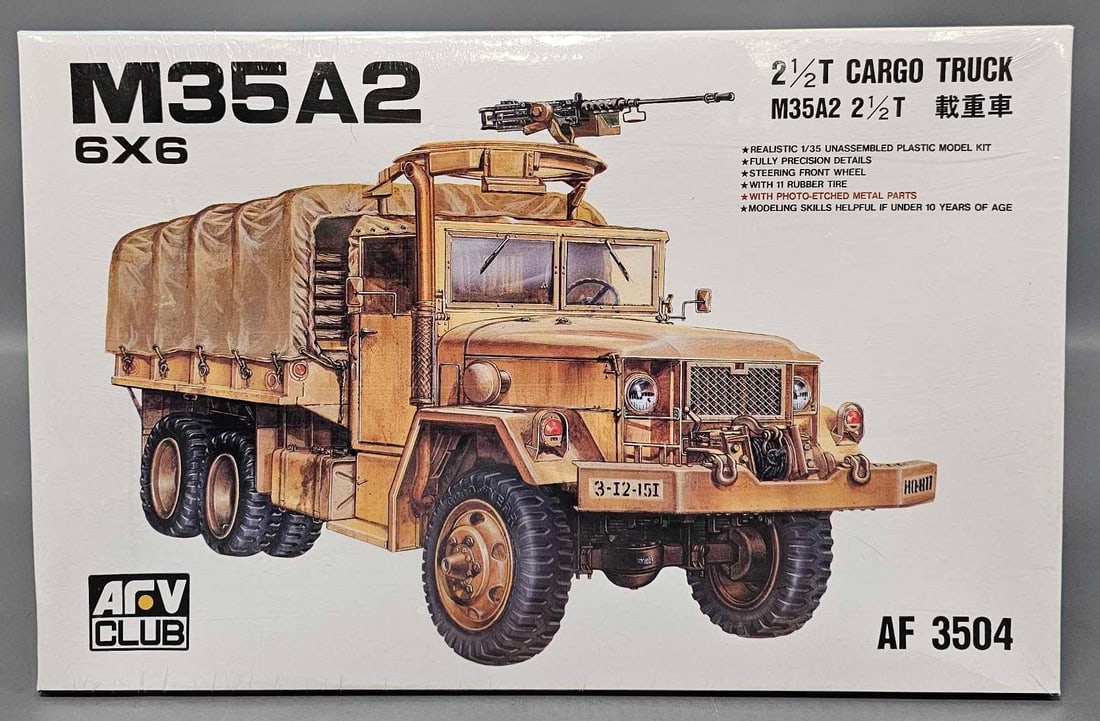 Factory sealed AFV 1/32 M35A2 6x6 2 1/2T Cargo Truck in original box kit 3504: Factory sealed AFV 1/32 M35A2 6x6 2 1/2T Cargo Truck stock number AF3504 in a very good factory sealed original box as seen in the photos.