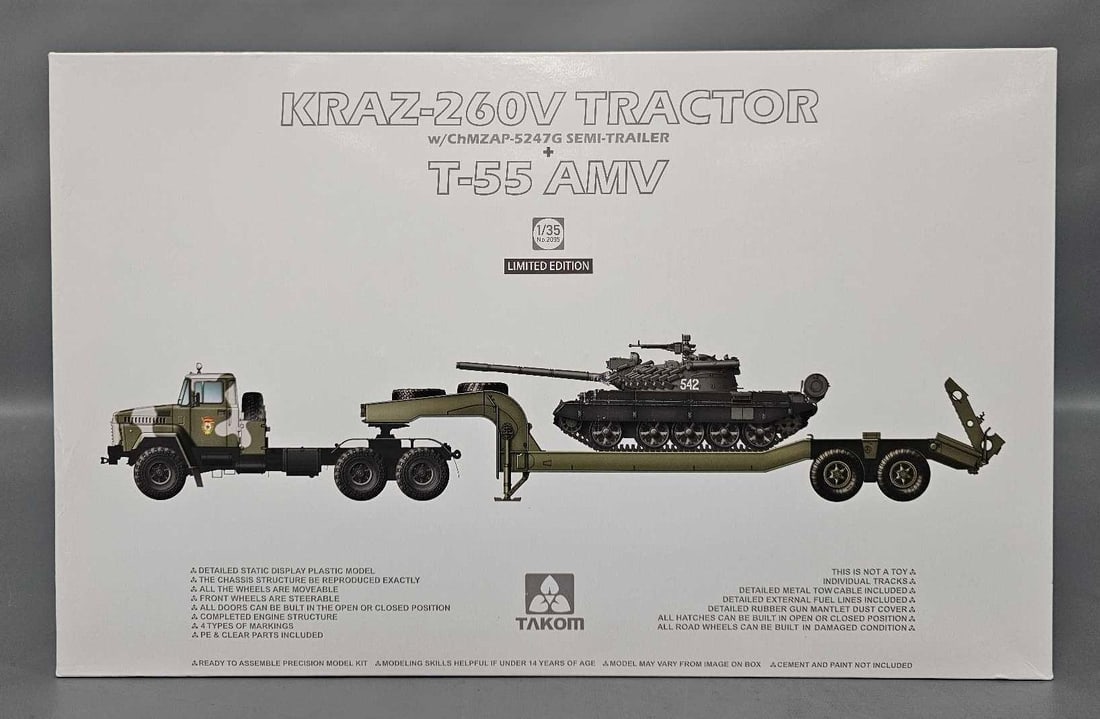 Takom 1/35 Kraz-260V Tractor and T-55 AMV in original box kit 2095: Takom 1/35 scale Limited Edition Kraz-260V Tractor and ChNZAP-5247 T-55 AMV stock number 2095 in an excellent open box with all parts inventoried and accounted for in an excellent original box as seen