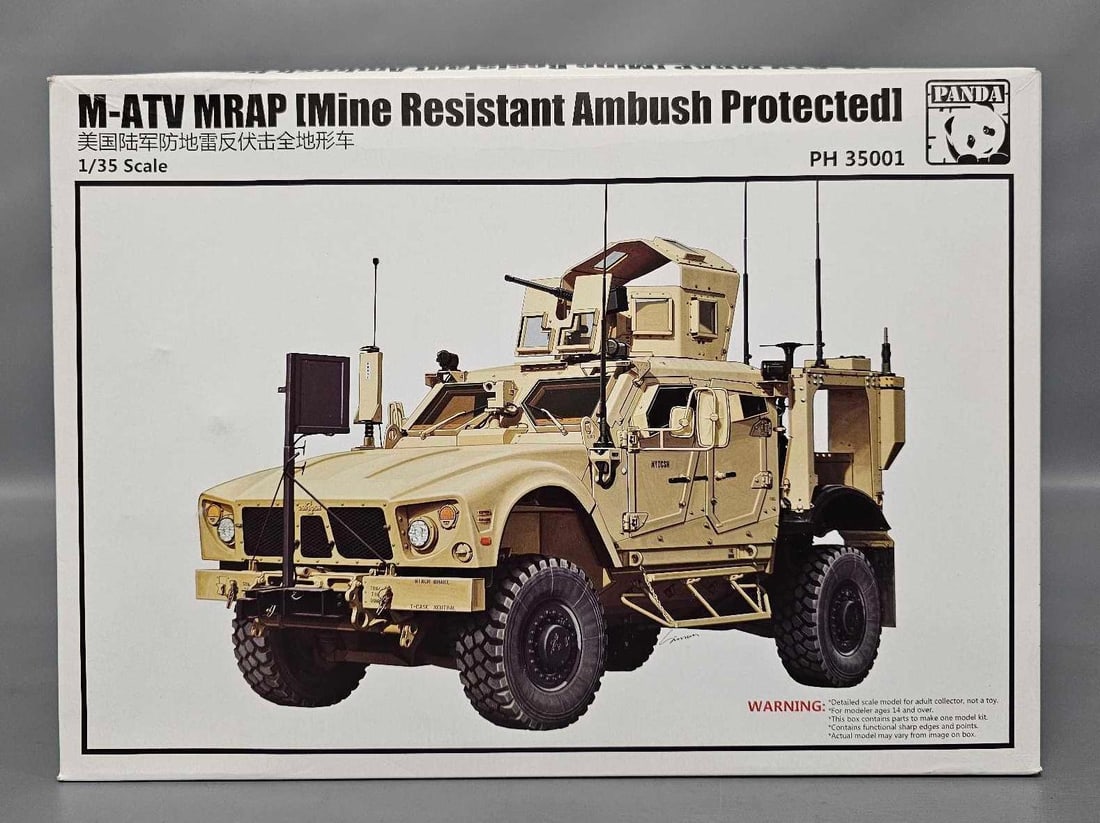 Panda 1/35 M-ATV MRAP Mine Resistant Ambush Protected in original box kit PH 35001: Panda 1/35 scale M-ATV MRAP Mine Resistant Ambush Protected stock number PH 35001 in a good open box with all parts inventoried and accounted for in a good original box as seen in the photos.