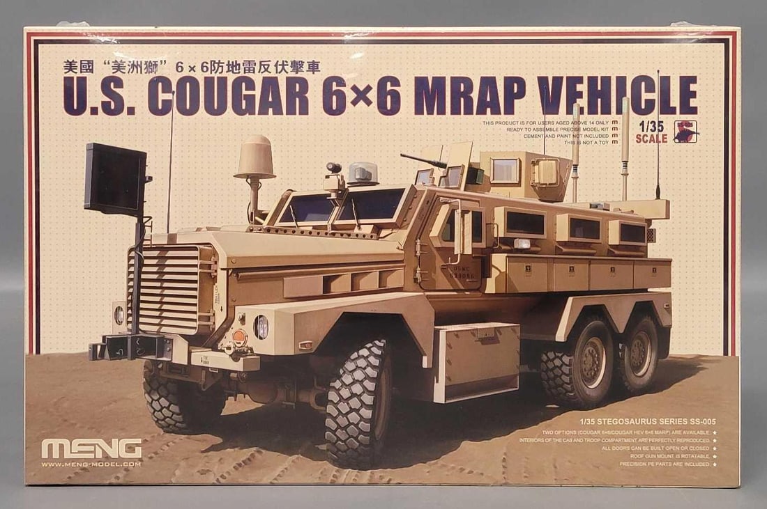 Factory sealed Meng 1/35 US Cougar 6x6 MRAP Vehicle kit 005: Factory sealed Meng 1/35 scale US Cougar 6x6 MRAP Vehicle in excellent condition in original box as seen in the photos.