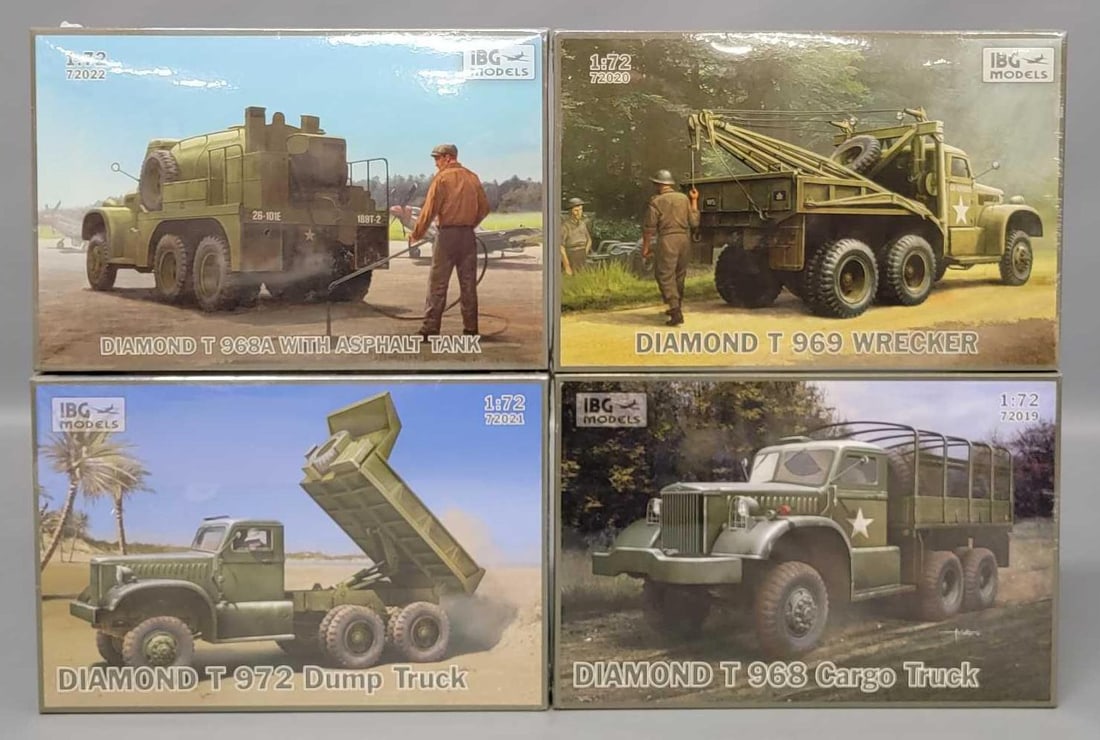 Group of factory sealed IBG 1/72 Diamond Truck kits: Group of factory sealed IBG 1/72 scale Diamond Truck kits. Consists of Diamond T 968 Cargo Truck kit No 72019, Diamond Wrecker kit No 72020, Diamond T 972 Dump Truck kit No 72021, Diamond T 968A with 