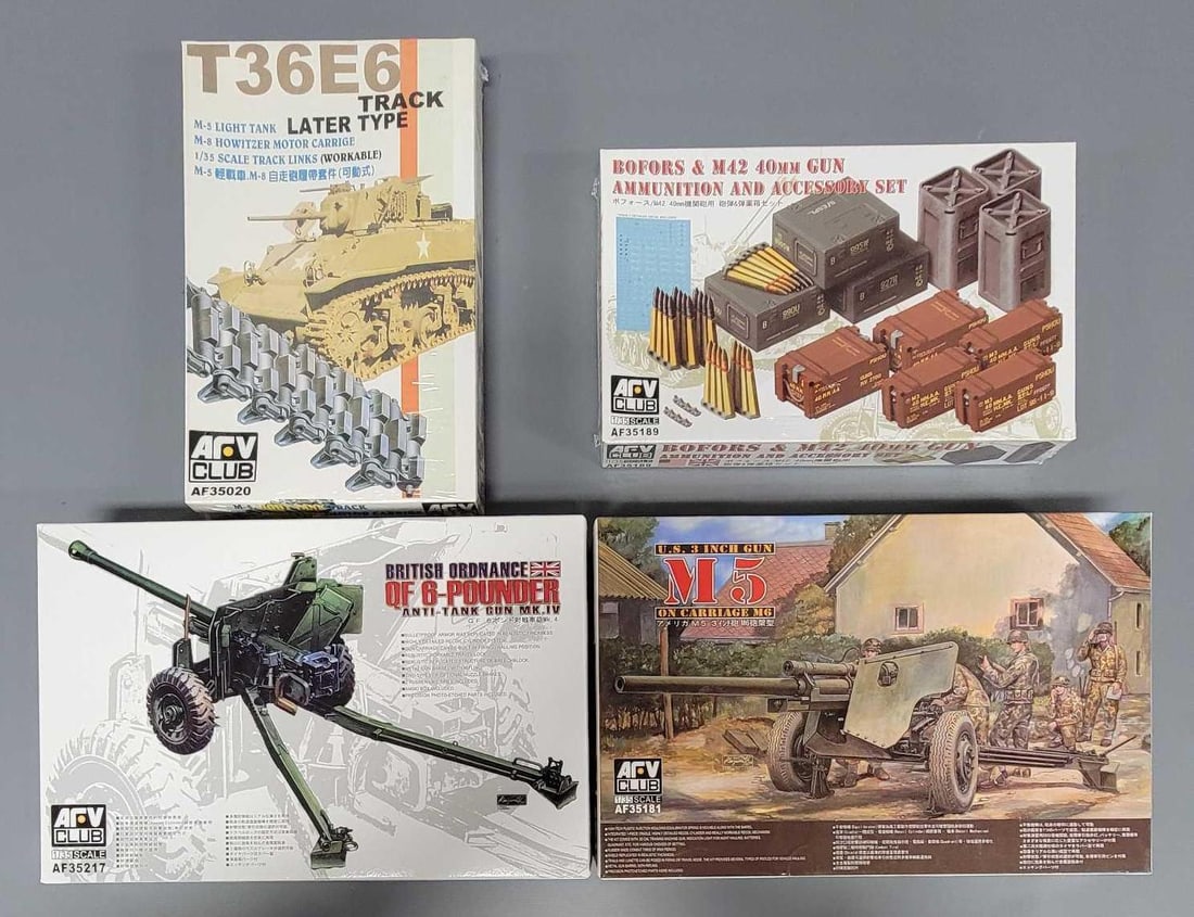 Group of AFV 1/35 Military models and accessory kits in original box: Group of four AFV 1/35 scale Military models and accessory kits. Consists of a factory sealed T36E6 Track Later Type accessory stock number AF35020, factory sealed Bofors and M42 40mm Gun Ammunition a
