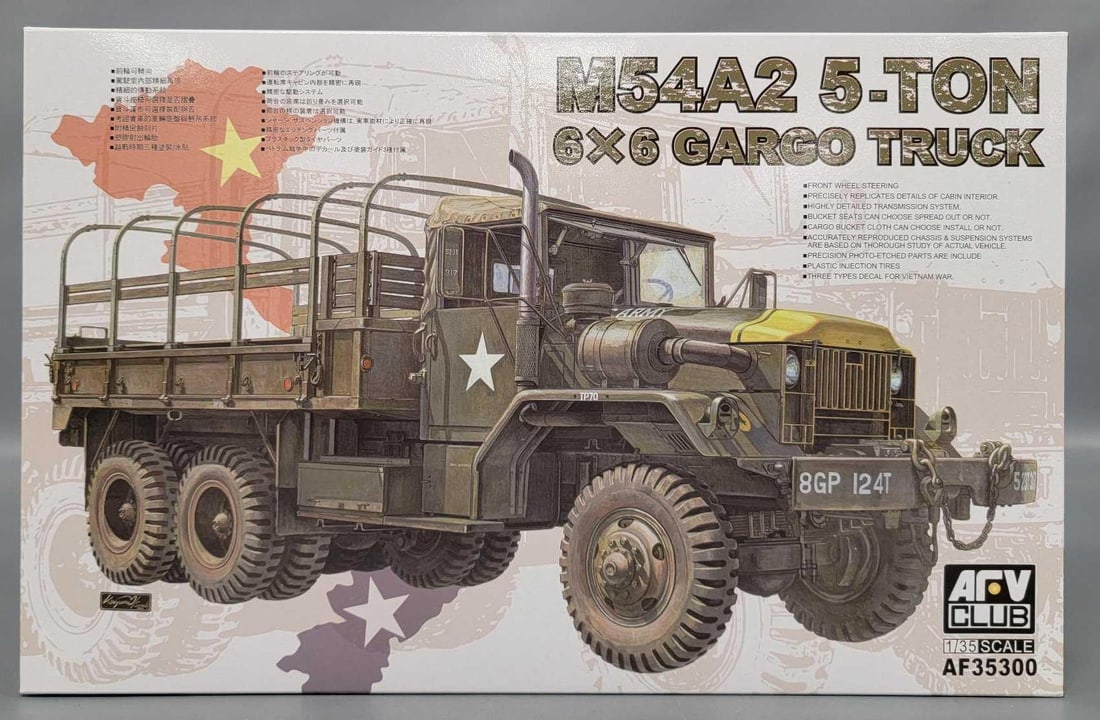 Factory sealed M54A2 5 Ton Cargo Truck in original box kit AF3500: Factory sealed M54A2 5 Ton 6x6 Cargo Truck with front wheel steering, stock number AF3501 in an excellent original box as seen in the photos.