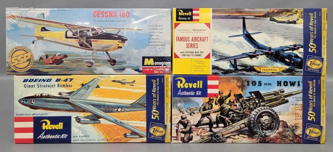 Factory sealed group of Monogram and Revell planes and Howitzer kits in original boxes: Factory sealed group of Monogram and Revell planes and Howitzer kits. Consists of Monogram Cessna 180 Selected Subjects Program stock number 85-0123, Revell 50 Years of Revell Convair R3Y-2 Tradewind 