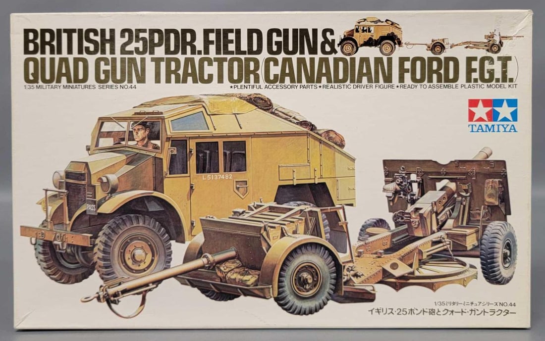 Tamiya 1/35 British 25PDR Field Gun and Gun Tactor in original box kit MM 144: Tamiya 1/35 scale British 25PDR Field Gun and Quad Gun Tactor Canadian For F.G.T. stock number MM 144 in a very good open box with all parts inventoried and accounted for in a very good original box a