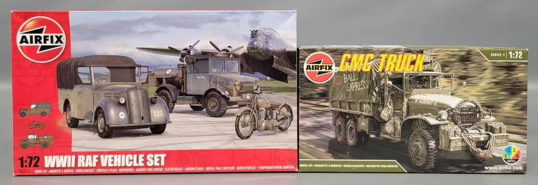 Group of Airfix 1/72 Military Trucks in original boxes: Group of two Airfix 1/72 scale Military Trucks. Consists of GMC Truck Red Ball Express stock number 01323 and WWII RAF Vehicle Set in an open box with parts inventoried and accounted for as seen in th