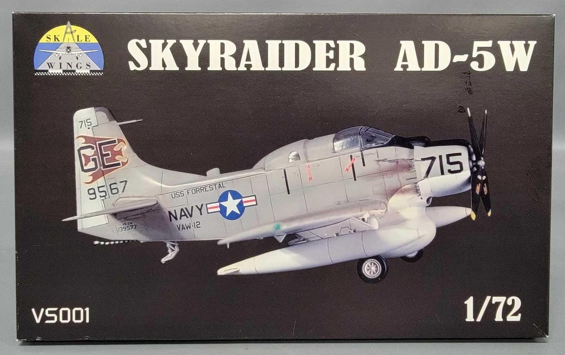 Skale Wings 1/72 Skyraider AD-5W in original box kit VS001: Skale Wings 1/72 scale Skyraider AD-5W stock number VS001 in an open box with all parts inventoried and accounted for in a very good to excellent original box as seen in the photos.