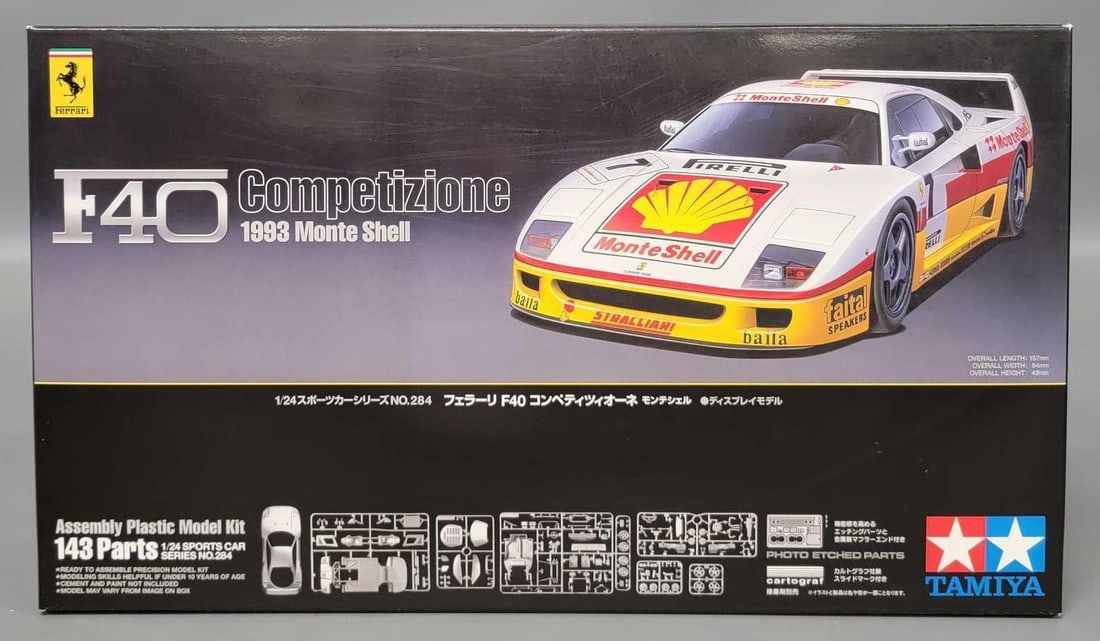 Tamiya 1/24 F40 Competizione 1993 Monte Shell in original box kit 24284: Tamiya 1/24 scale F40 Competizione 1993 Monte Shell in an open box with all parts inventoried and accounted for in an excellent original box as seen in the photos.