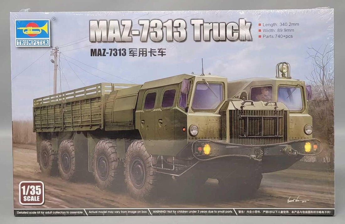 Factory sealed Trumpeter 1/35 MAZ-7313 Truck in original box kit 01050: Factory sealed Trumpeter 1/35 scale MAZ-7313 Truck stock number 01050 with a small tear in the cellophane on the bottom of the box in an excellent factory sealed original box as seen in the photos.