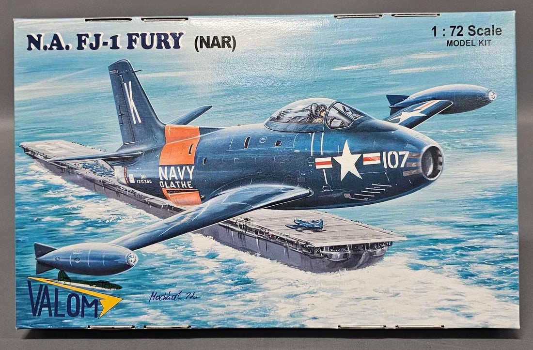 Valom 1/72 FJ-1 Fury in original box kit 72085: Valom 1/72 scale FJ-1 Fury NAR stock number 72085 in an open box with all parts inventoried and accounted for in an excellent original box as seen in the photos.