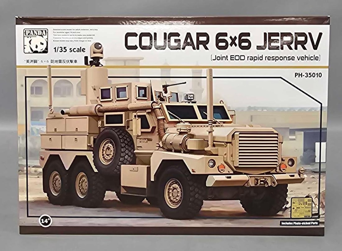 Panda 1/35 Cougar 6x6 JERRV Joint EOD Rapid Response Vehicle in original box kit PH-35010: Panda 1/35 scale Cougar 6x6 JERRV Joint EOD Rapid Response Vehicle stock number PH-35010 in an excellent open box with all parts inventoried and accounted for in a good original box as seen in the pho