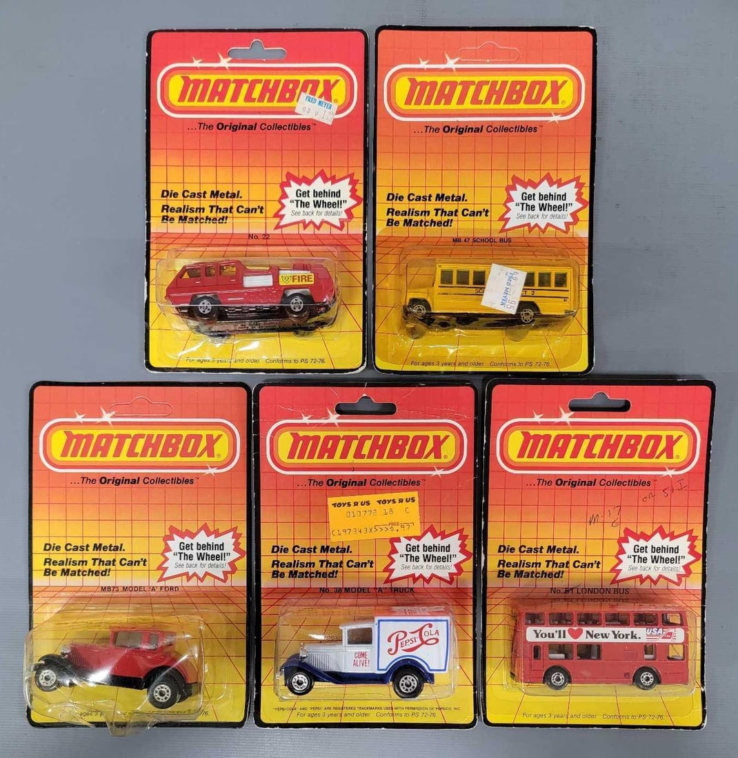 Five Matchbox cars, buses, delivery truck and Fire  truck in blister packs (1 of 5)
