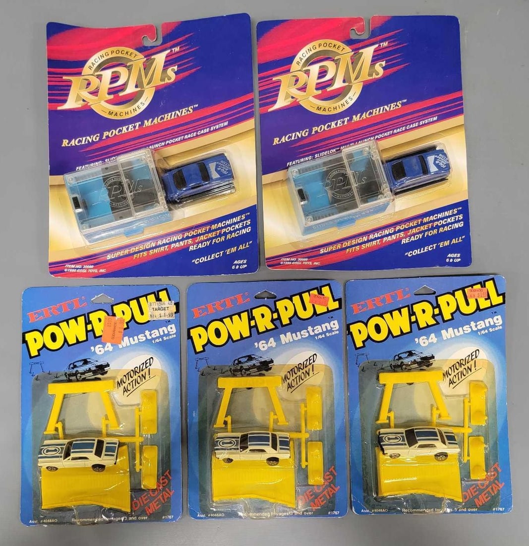Group of Racing Pocket Machines and ERTL Pow-R-Pull cars in blister packs (1 of 4)