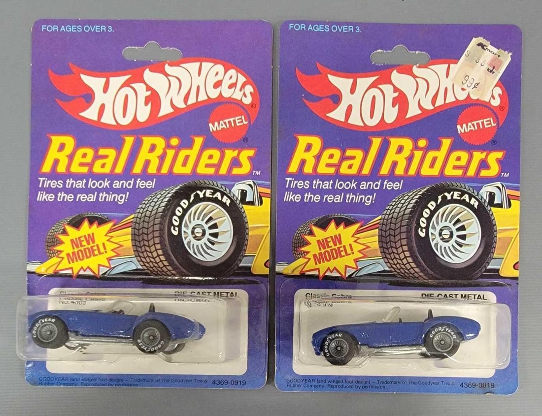 Group of Hot Wheels Real Riders cars in blister packs: Group of two Hot Wheels Real Riders Classic Cobra No 4369 in near mint condition in very good to excellent blister packs as seen in the photos.