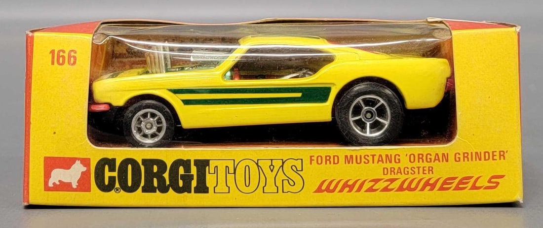 Corgi Toys 1/43 Whizzwheels Ford Mustang Organ Grinder Dragster in original box: Corgi Toys 1/43 scale Whizzwheels Ford Mustang Organ Grinder Dragster No 166 in very good to near mint condition in a very good original box as seen in the photos.