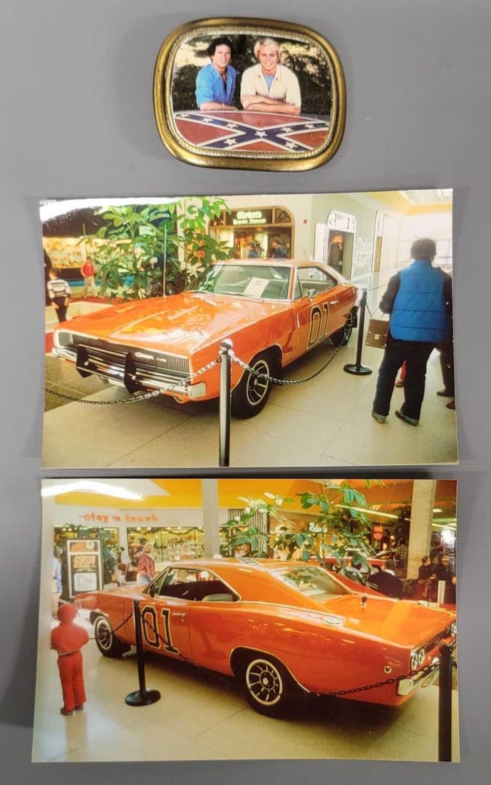 Dukes of Hazzard Bo and Luke Photo belt buckle and photos: Dukes of Hazzard Bo and Luke Photo belt buckle in very good to excellent condition with two photos of the General Lee Charger as seen in the photos.