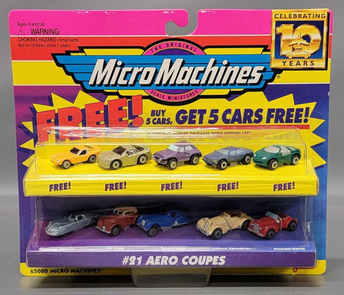 Micro Machines Celebrating 10 years No 21 Aero Coupes in blister pack: Micro Machines Celebrating 10 years No 21 Aero Coupes with Buy 5 cars, Get 5 cars free in an excellent blister pack as seen in the photos.