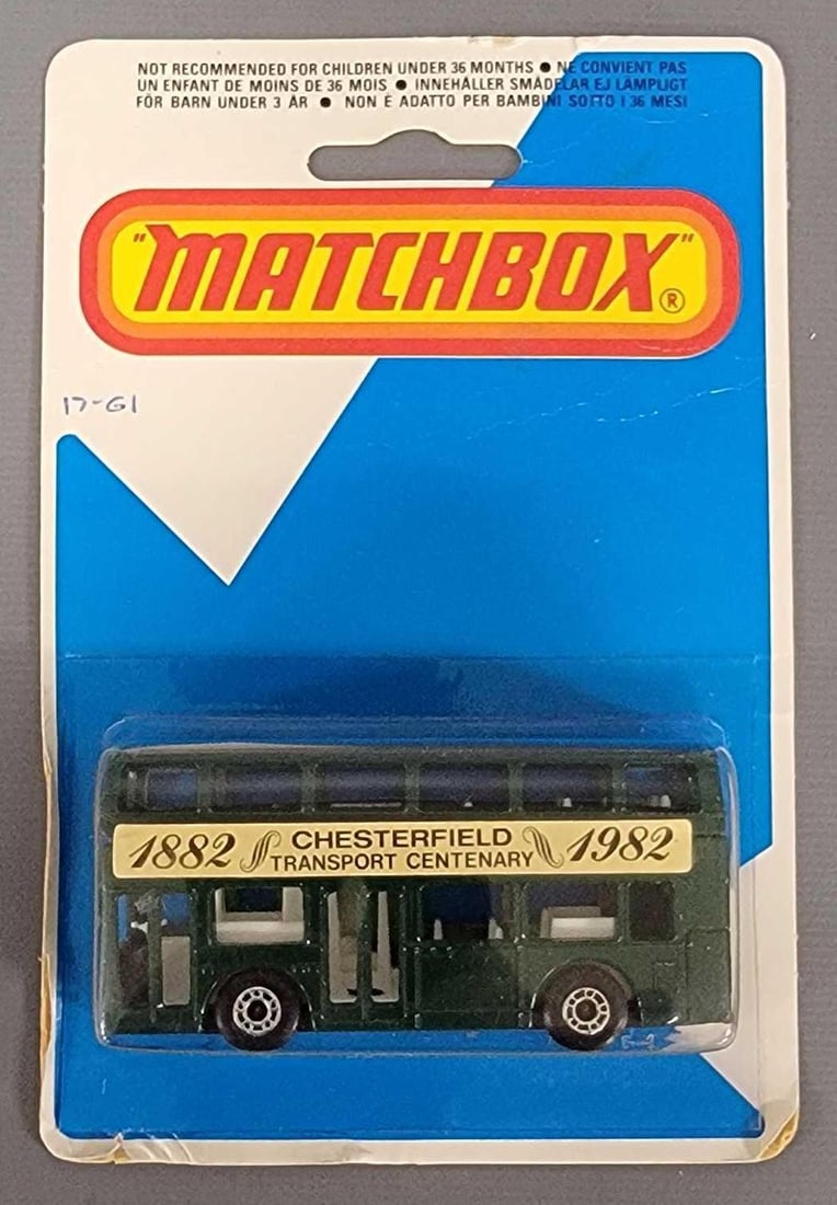 Matchbox Dark Green London Bus Chesterfield Transport Centenary 1882-1982 in blister pack (1 of 7)