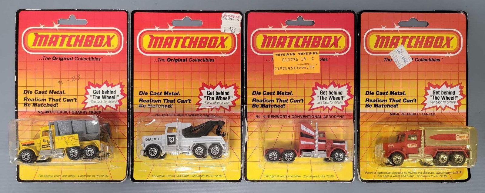 Four Matchbox Peterbilt and Kenworth trucks in blister packs (1 of 6)