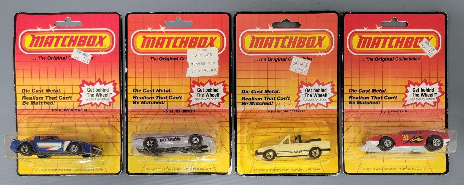 Four Matchbox cars with Corvette, Mazda, Pantera and Escort in blister packs (1 of 6)