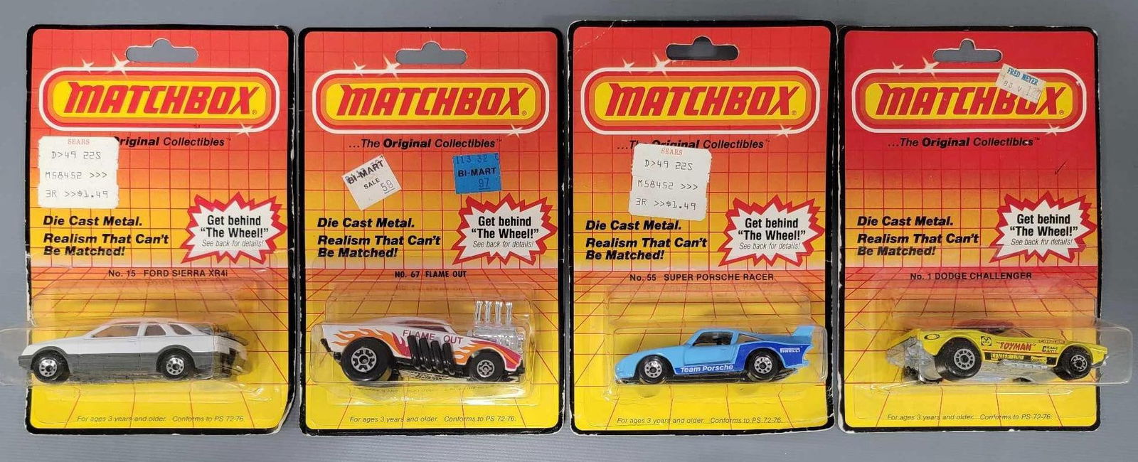 Four Matchbox cars with Ford, Dodge and Porshe in blister packs (1 of 6)