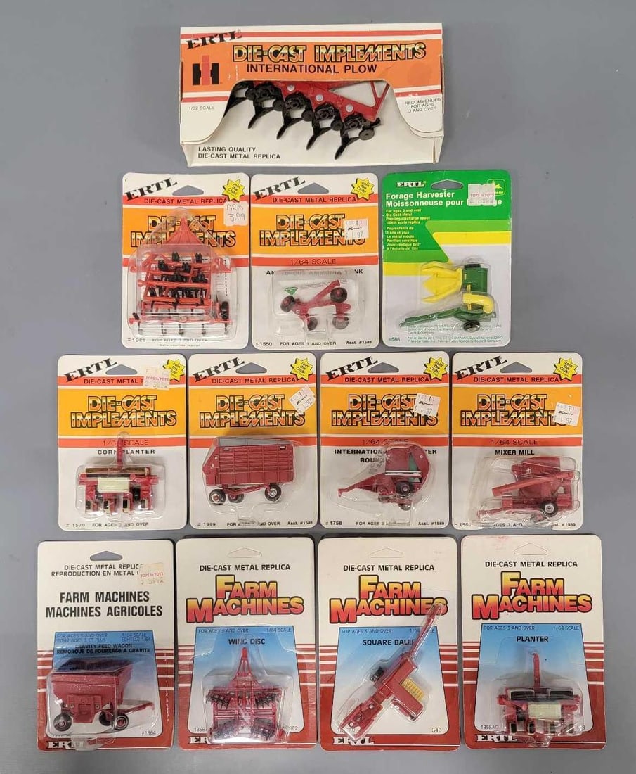 Twelve ERTL 1/64 and 1/32 Farm machines and Implements in original box and blister packs (1 of 3)