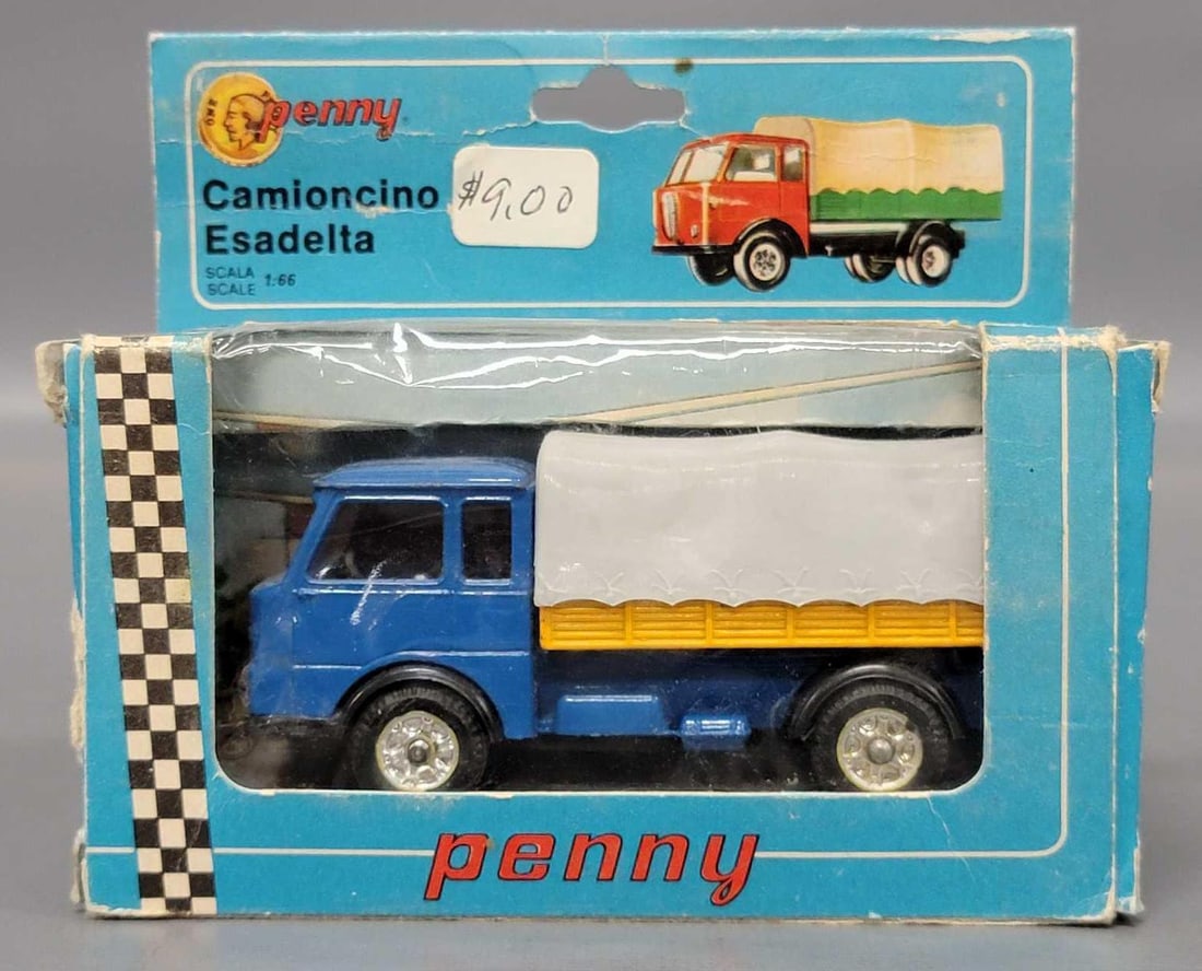 Penny Politoys Camioncino Esadelta in original box: Penny Politoys Camioncino Esadelta translates to Esadelta Pickup Truck with bed cover and tilting bed in excellent to near mint condition in a good original box as seen in the photos.