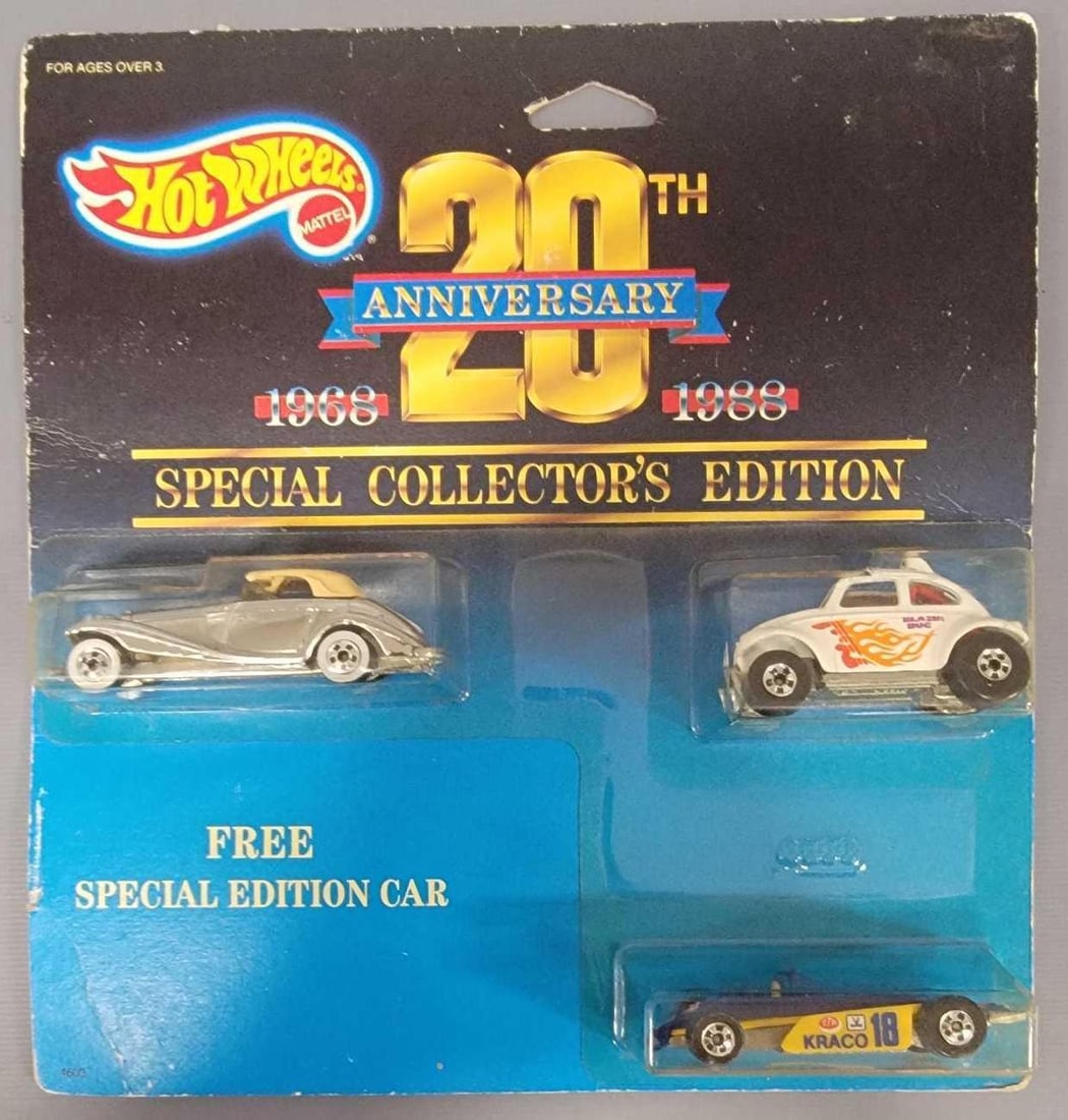 Hot Wheels 20th Anniversary Special Collector's Edition in blister pack: Hot Wheels 20th Anniversary Special Collector's Edition. Consists of a Chrome Mercedes 540K, Volkswagen Blazing Bug and a F1 Race Car in excellent condition in a very good blister pack as seen in